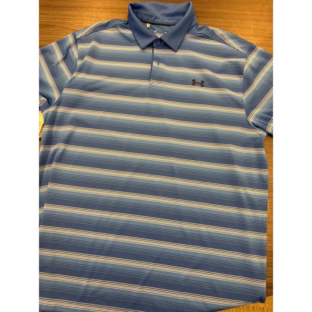 Under Armour HeatGear Polo Shirt‎ Large Blue Striped Loose Fit Golf